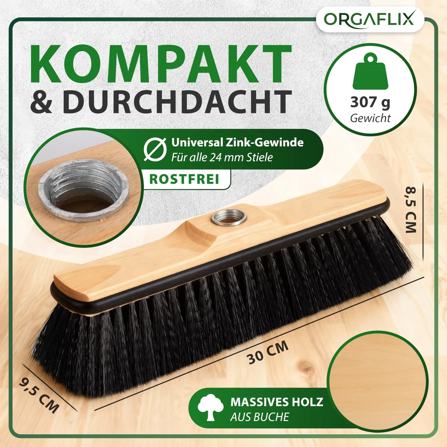 ORGAFLIX Besen mit Stiel 28 cm Kantenschutz Zimmerbesen