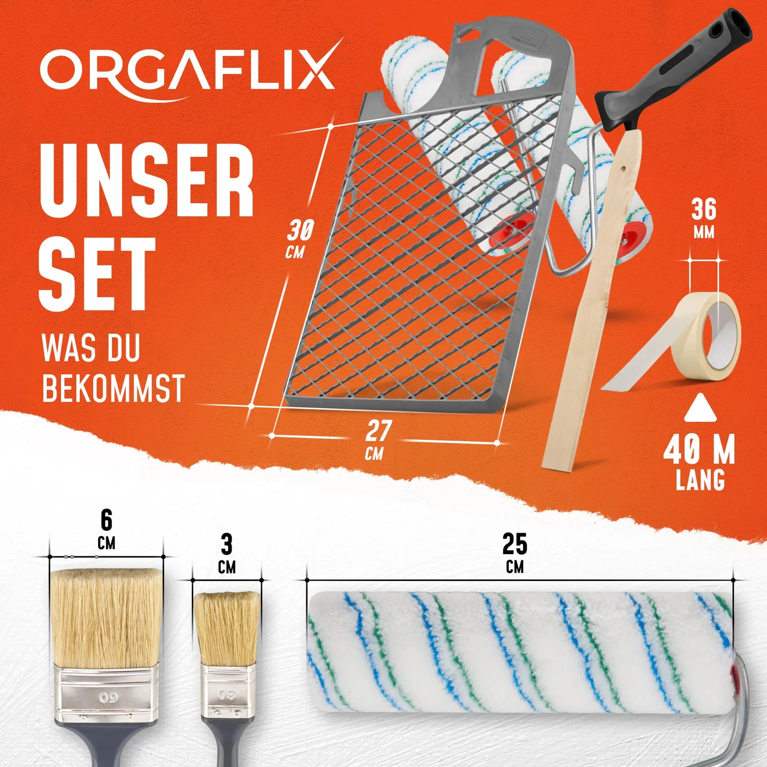 ORGAFLIX Profi Farbroller Set Wandfarbe 25 cm 7-teilig