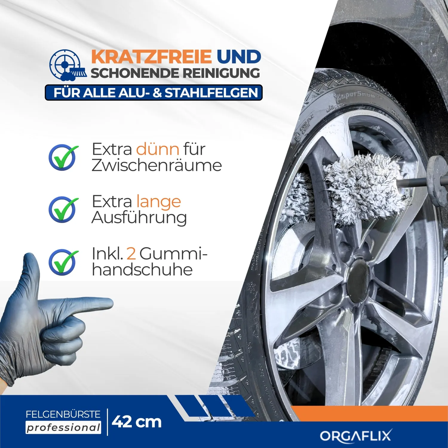 ORGAFLIX Profi Felgenbürste 42 cm Mikrofaser Handschuhe