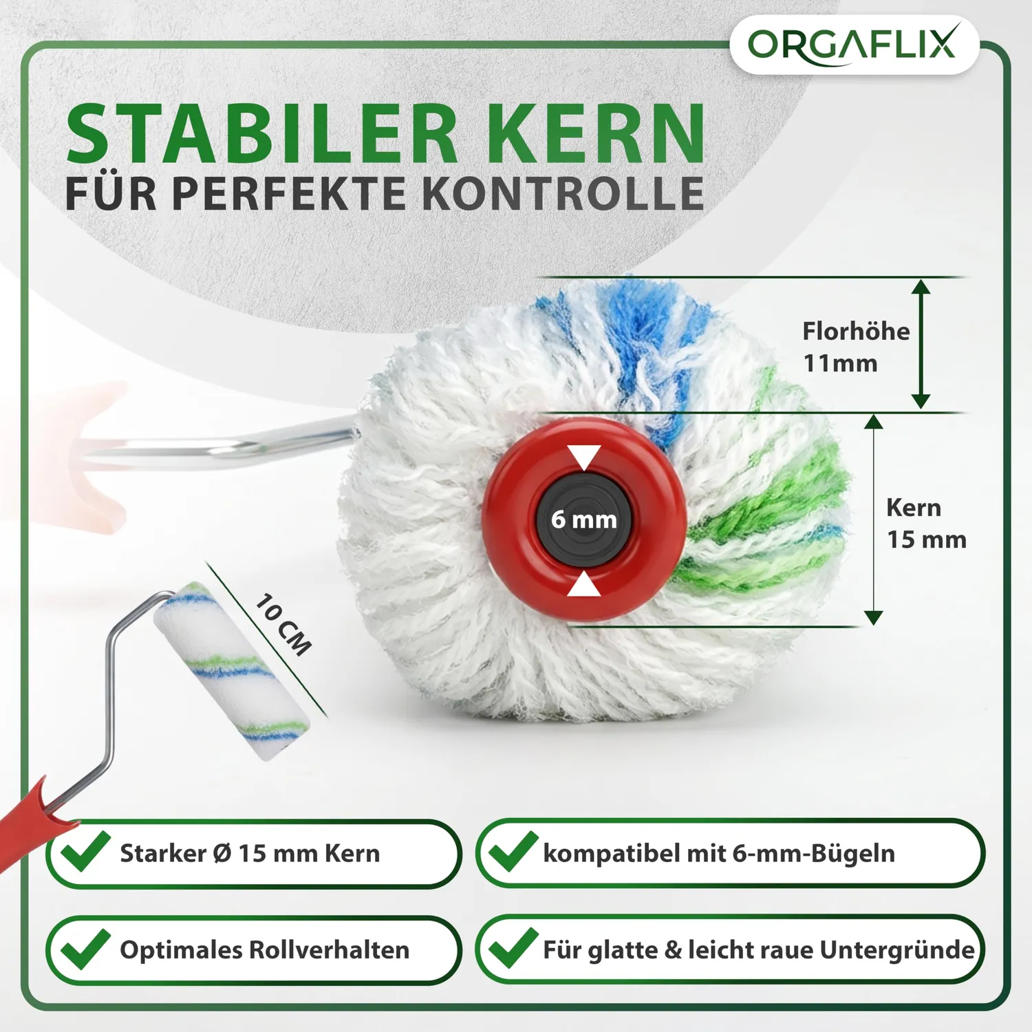 ORGAFLIX Profi Farbwalze 10 cm Farbroller 10 Stück 11 mm