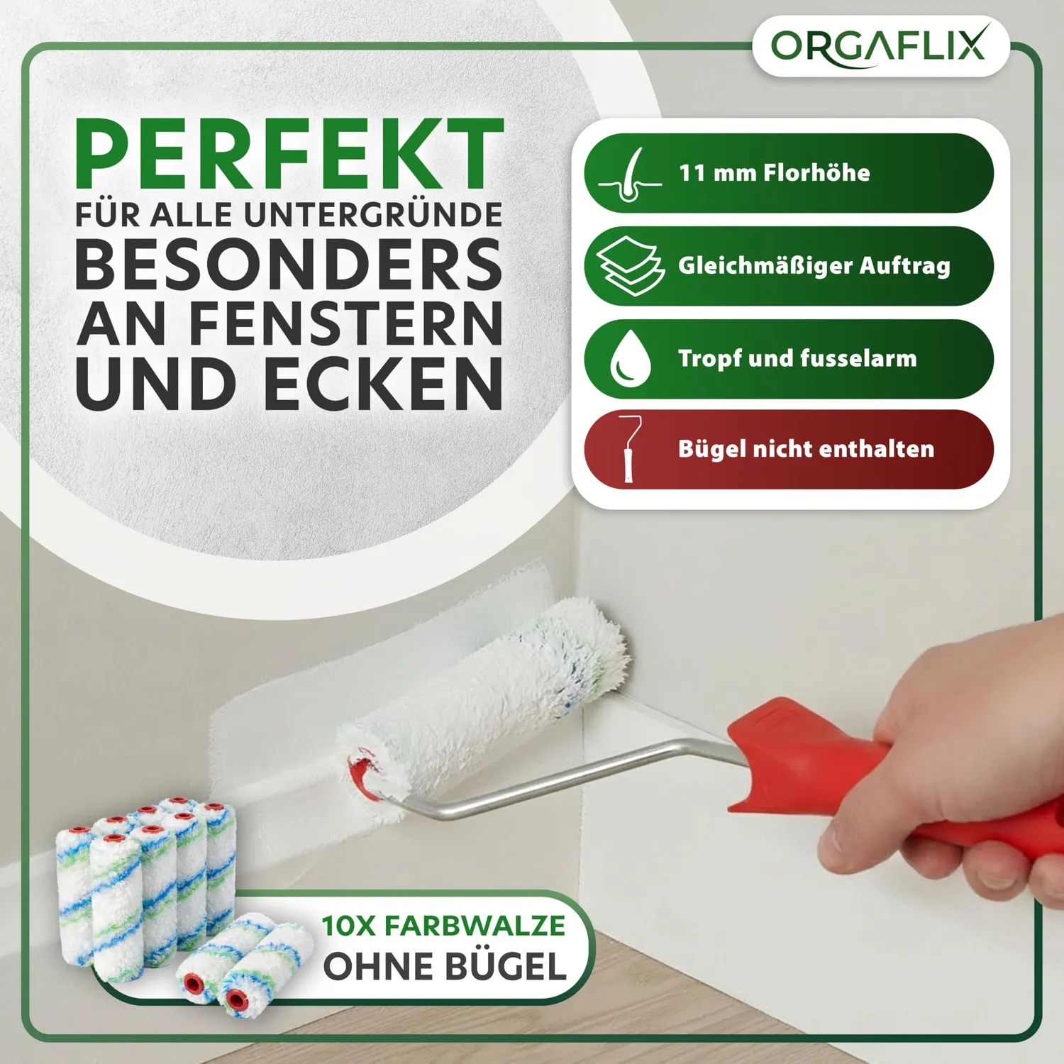 ORGAFLIX Profi Farbwalze 10 cm Farbroller 10 Stück 11 mm