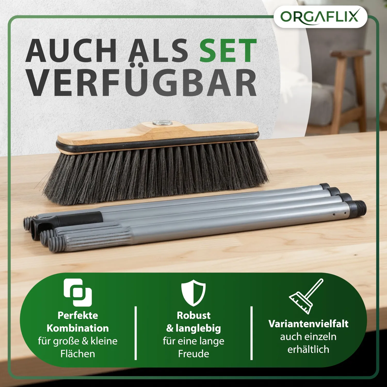 ORGAFLIX Premium Besen 28cm Rosshaar ohne Stiel Kantenschutz