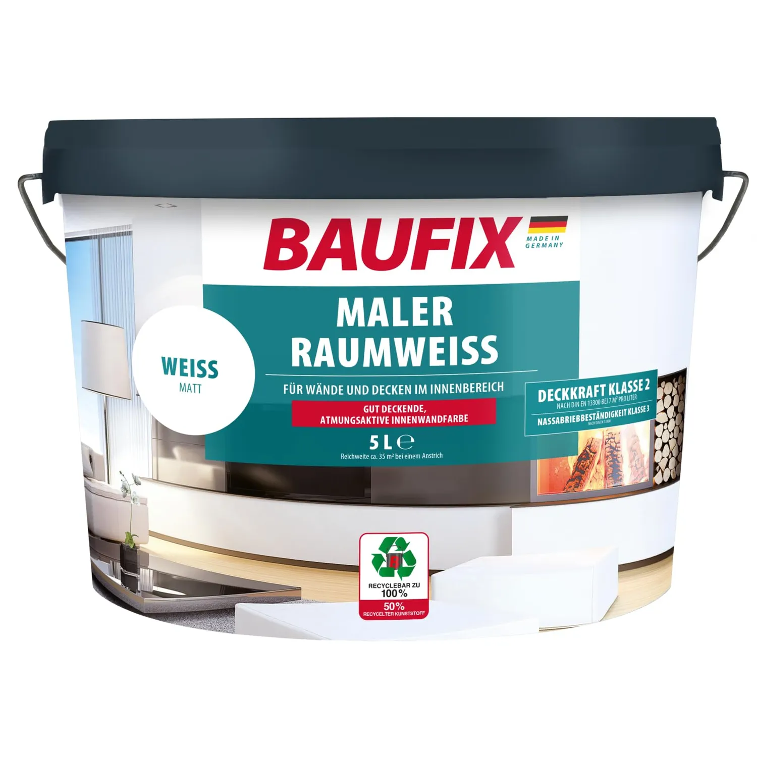 BAUFIX Maler-Raumweiß Wandfarbe matt weiß 10 Liter deckend