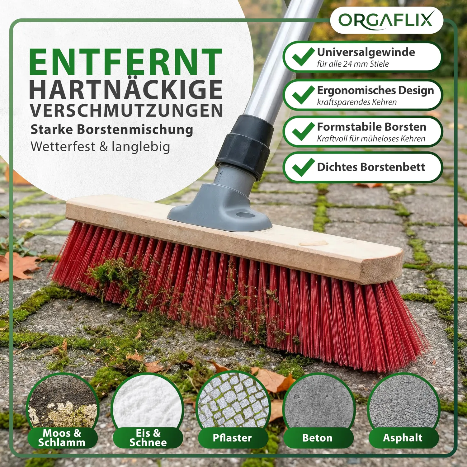 ORGAFLIX Straßenbesen 40 cm Elaston Draht Stiel