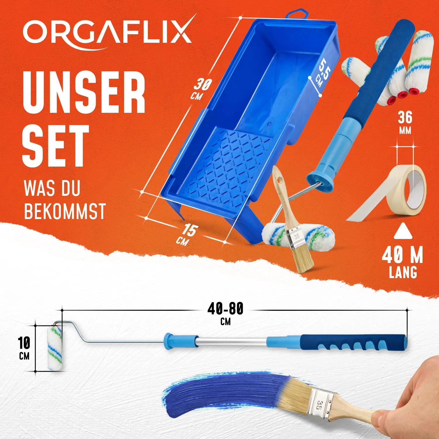 ORGAFLIX Profi Farbroller Set 10 cm Teleskop 40-80 cm