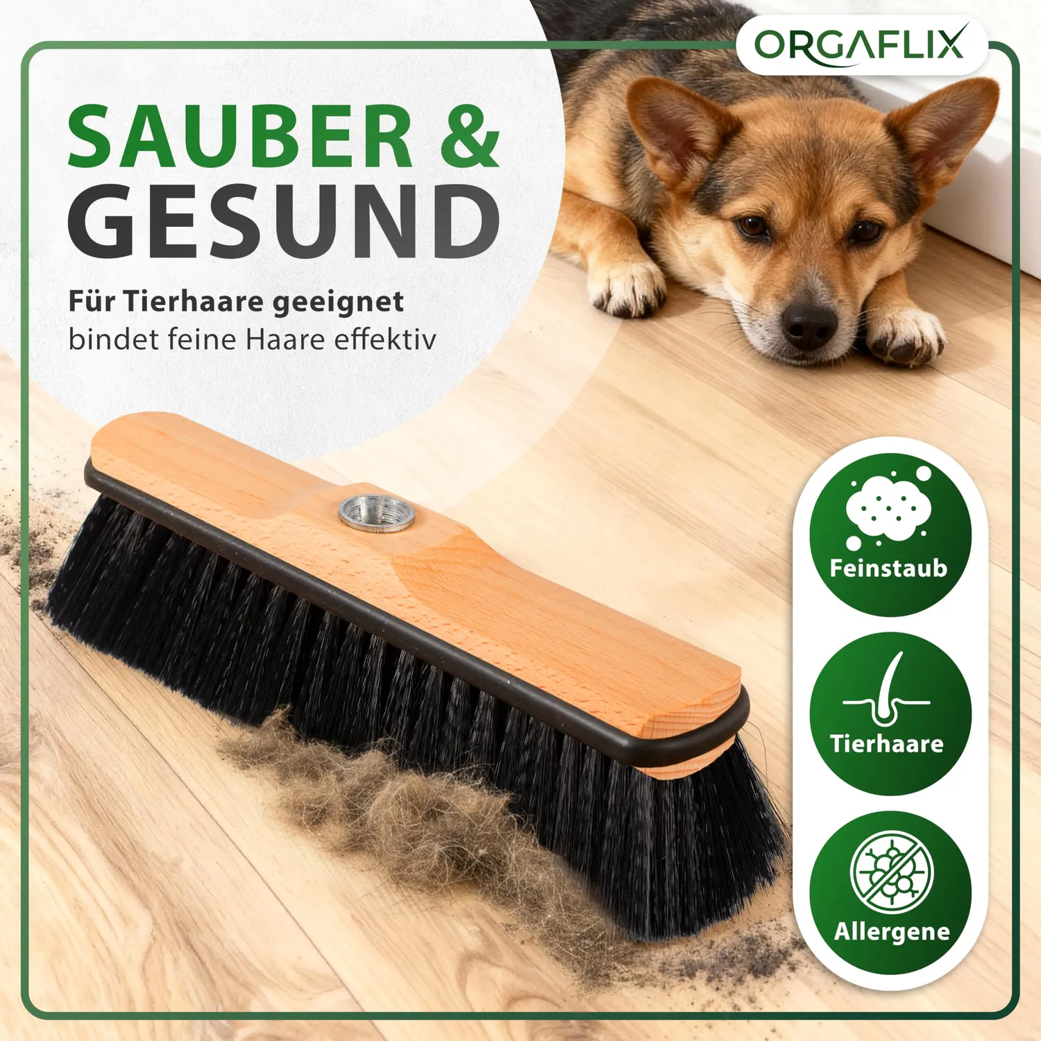 ORGAFLIX Besen mit Stiel 28 cm Kantenschutz Zimmerbesen