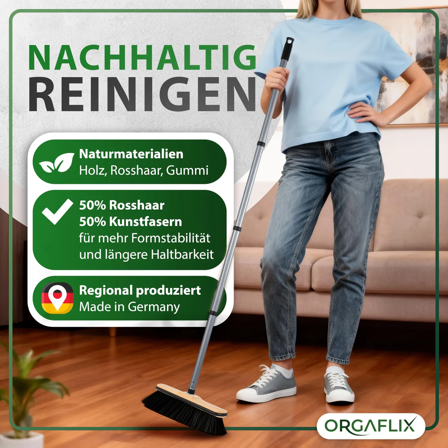 ORGAFLIX Premium Besen 28cm Rosshaar ohne Stiel Kantenschutz