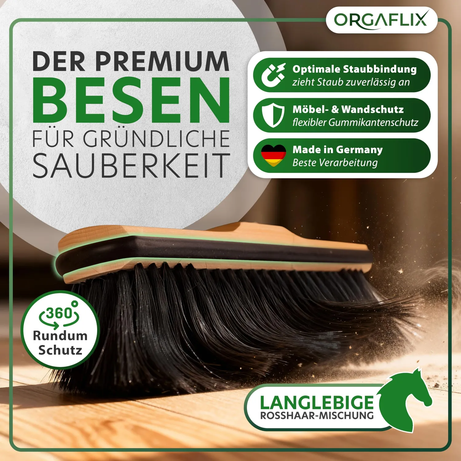 ORGAFLIX Premium Besen 28cm Rosshaar ohne Stiel Kantenschutz