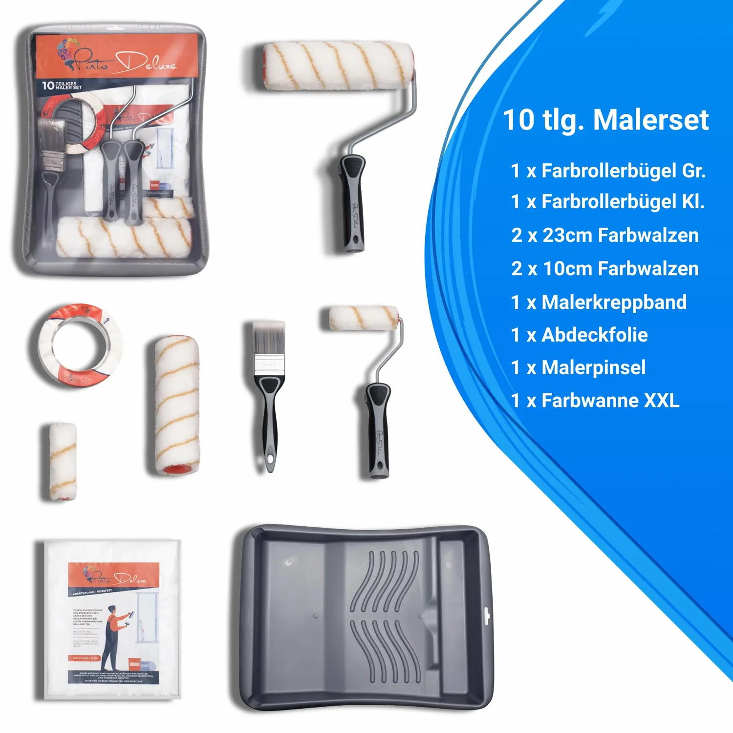 Pinto Deluxe Malerset Farbroller XXL-Set mit Wanne Abdeckung