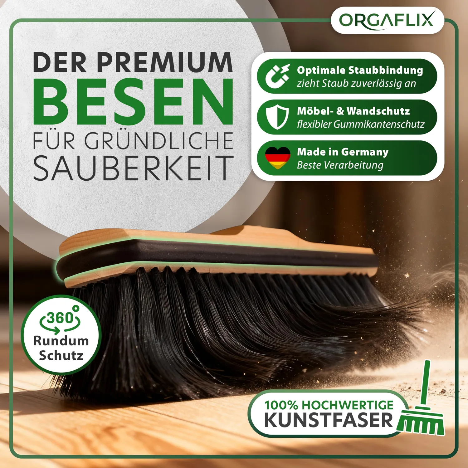 ORGAFLIX Besen mit Stiel 28 cm Kantenschutz Zimmerbesen