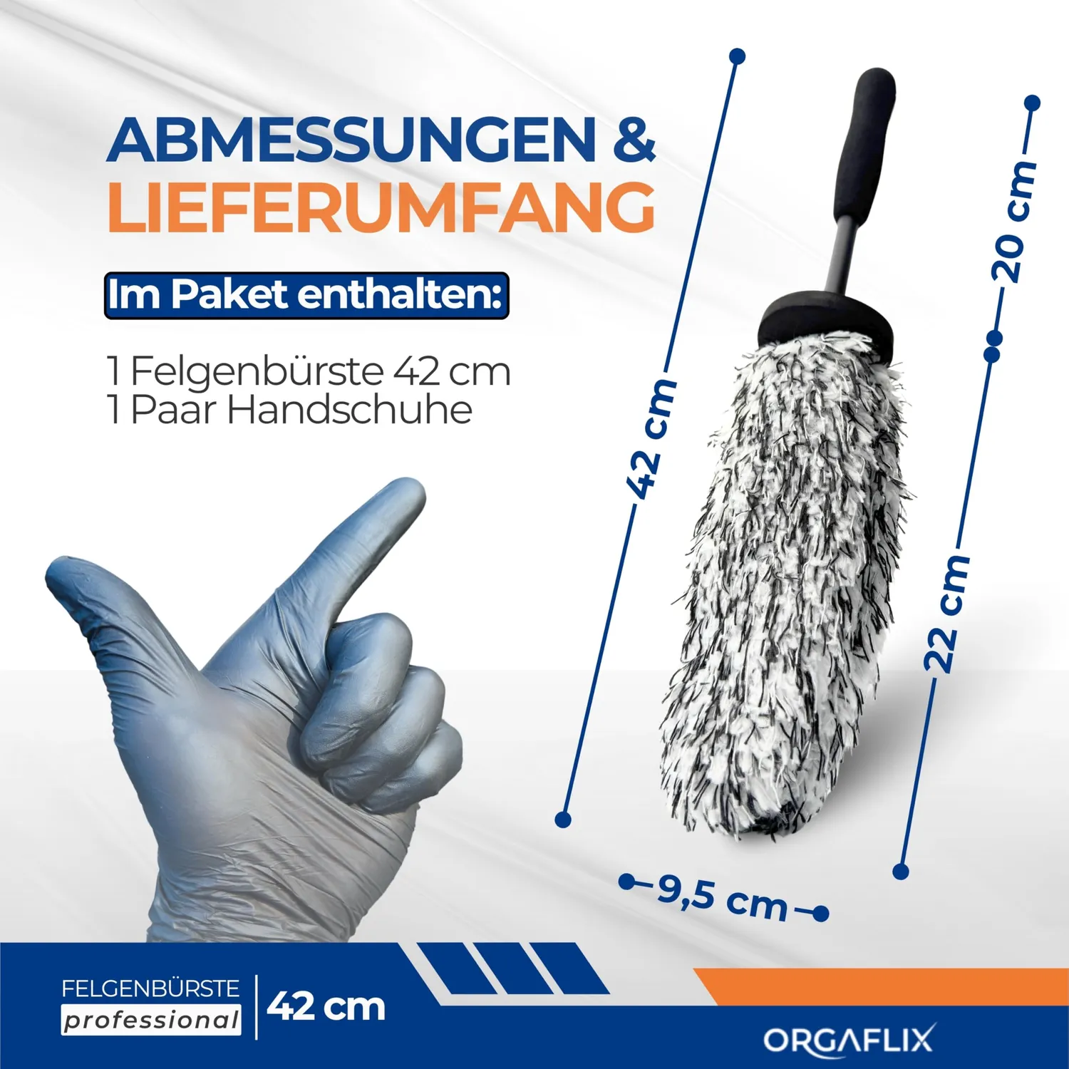 ORGAFLIX Profi Felgenbürste 42 cm Mikrofaser Handschuhe