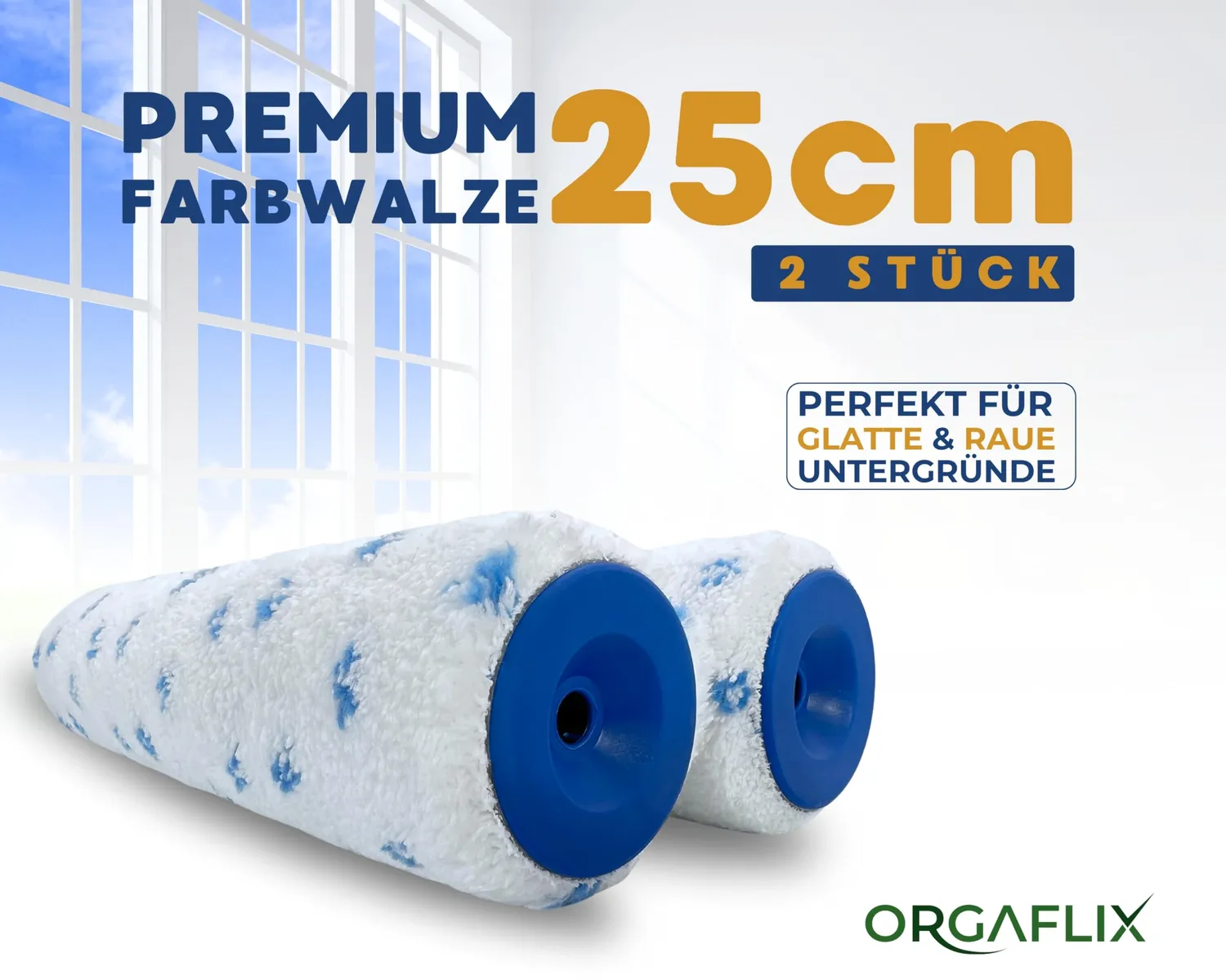 ORGAFLIX Premium Farbwalze 25cm Farbroller 2 Stück 8mm