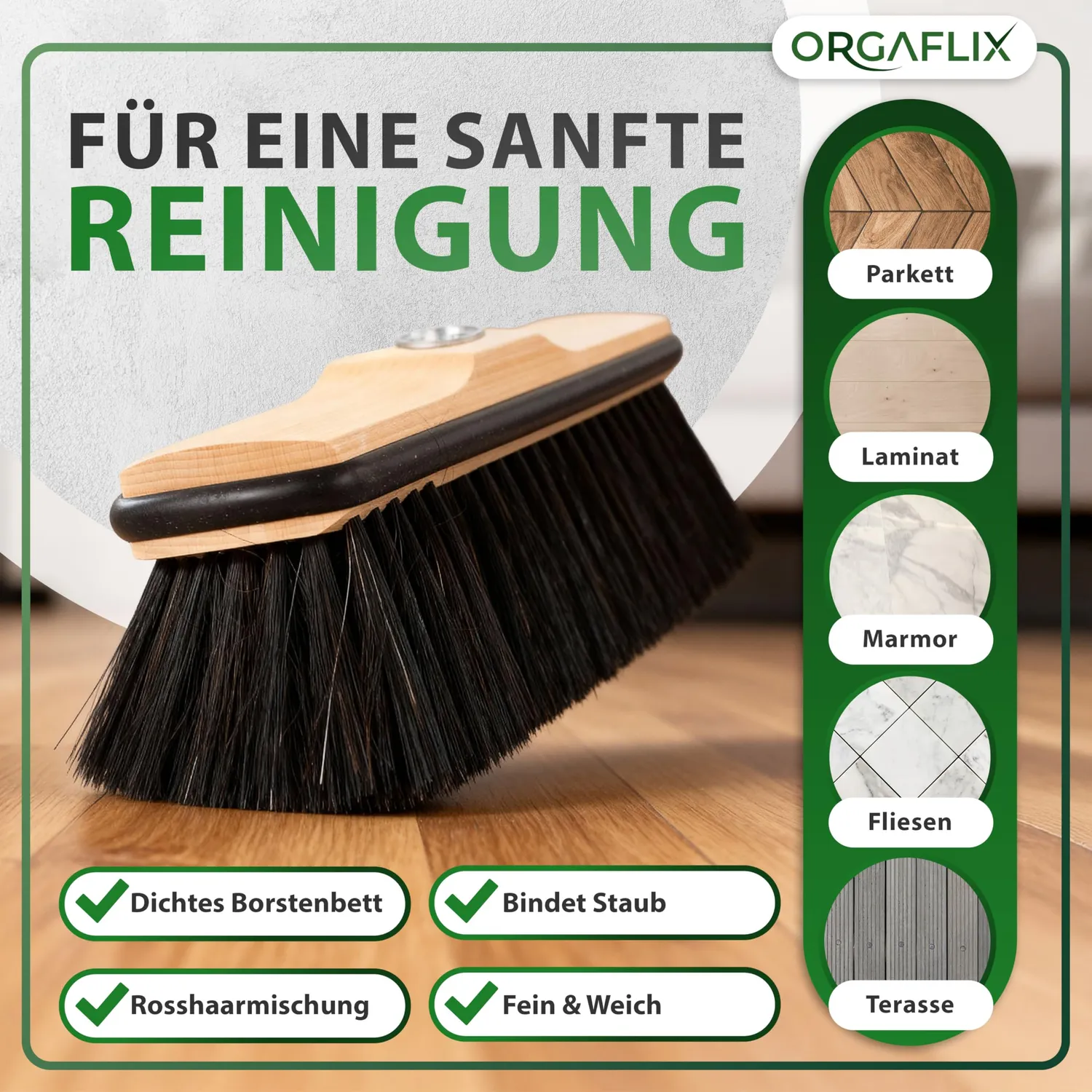 ORGAFLIX Premium Besen 28cm Rosshaar ohne Stiel Kantenschutz