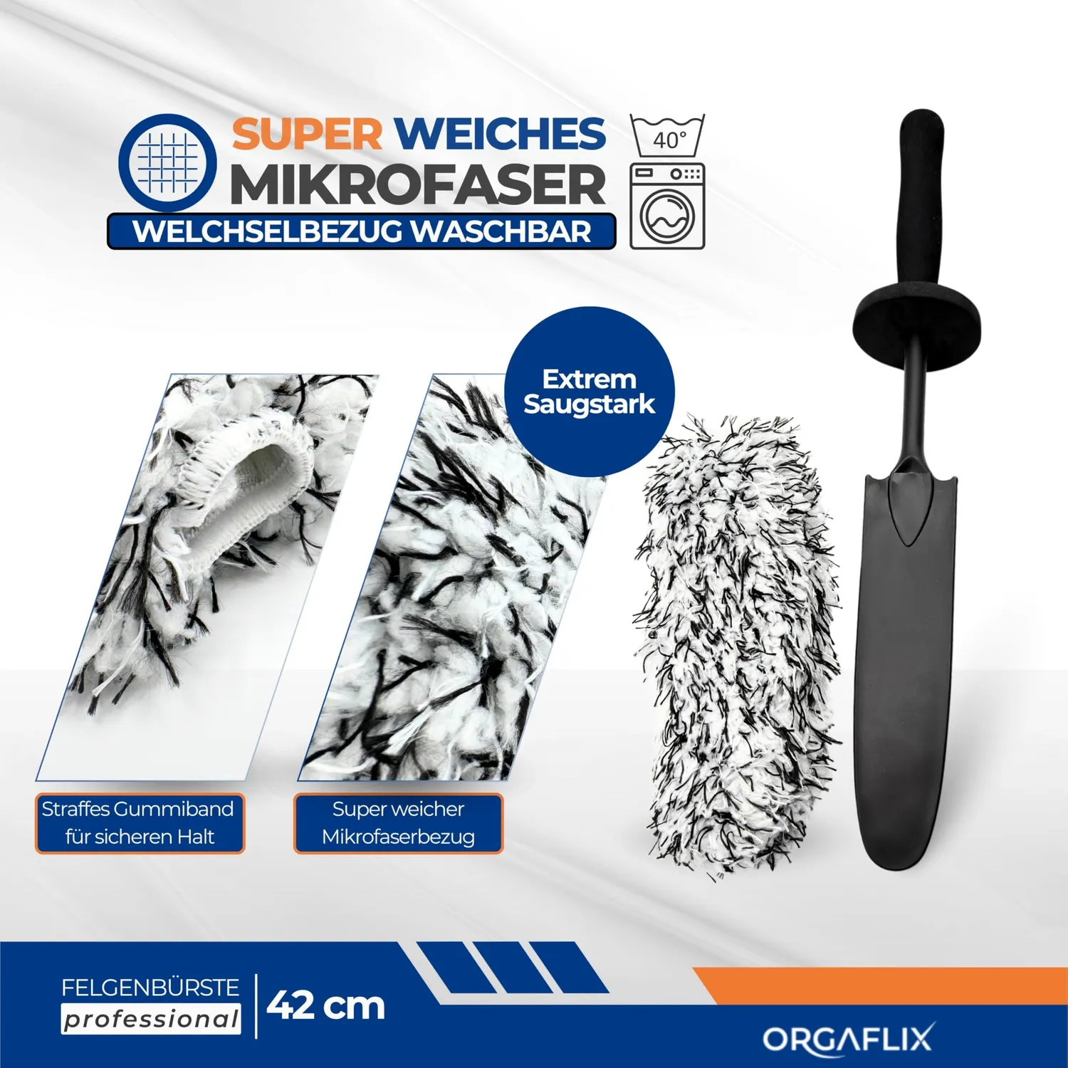 ORGAFLIX Profi Felgenbürste 42 cm Mikrofaser Handschuhe