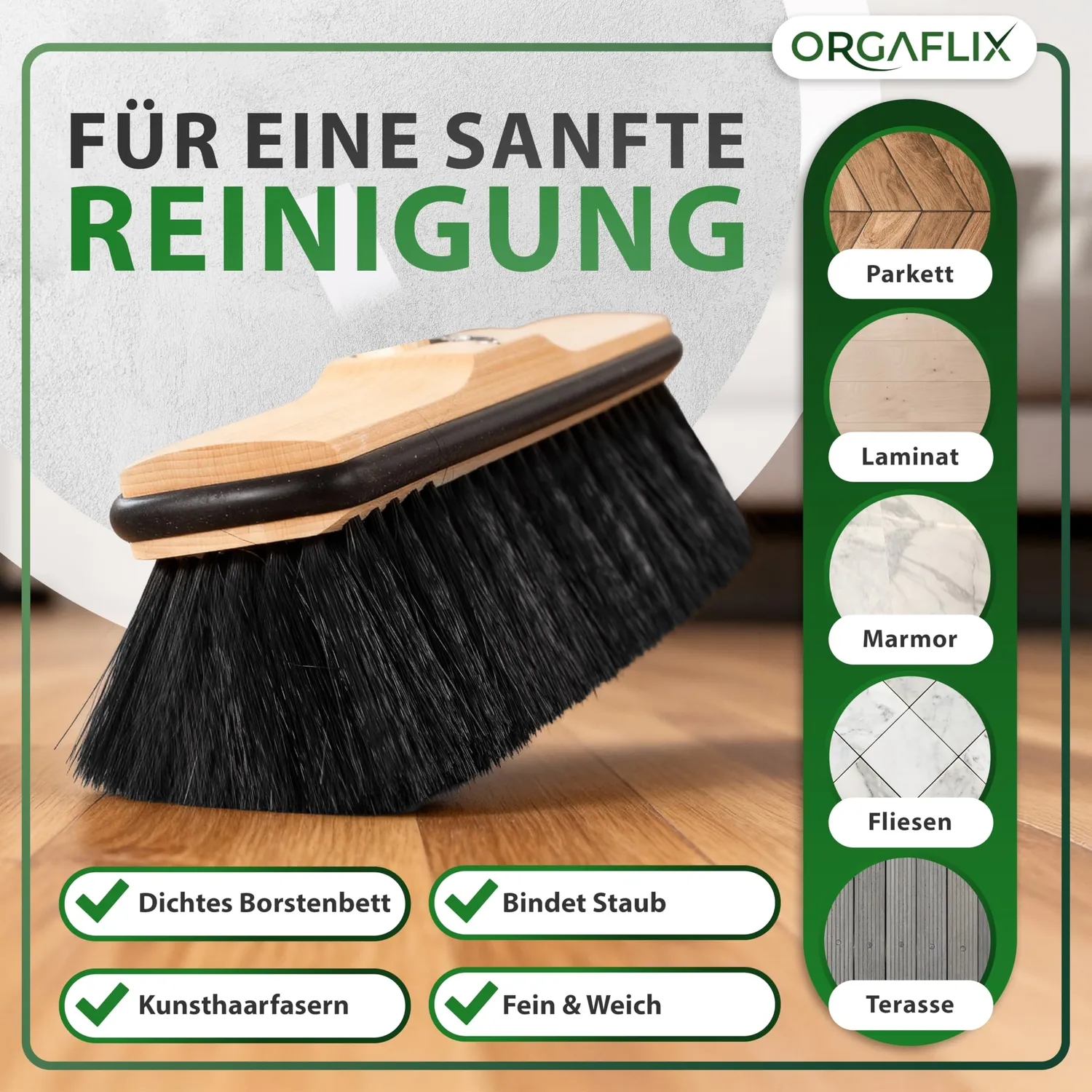 ORGAFLIX Besen mit Stiel 28 cm Kantenschutz Zimmerbesen