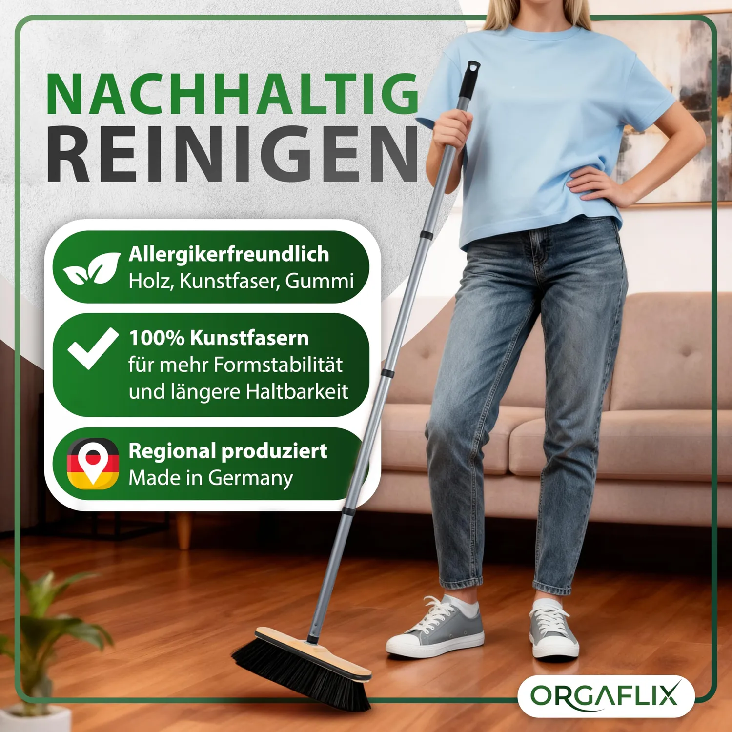 ORGAFLIX Besen mit Stiel 28 cm Kantenschutz Zimmerbesen