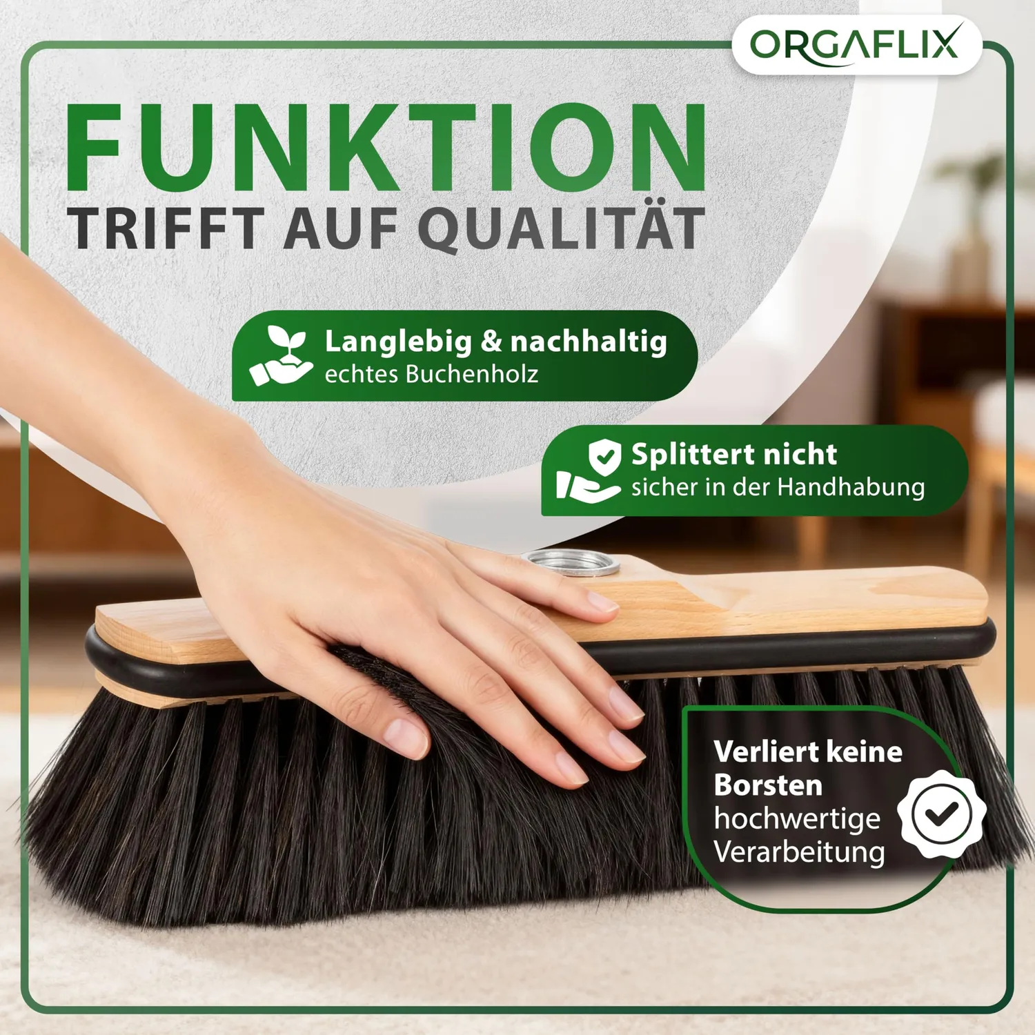 ORGAFLIX Premium Besen 28cm Rosshaar ohne Stiel Kantenschutz