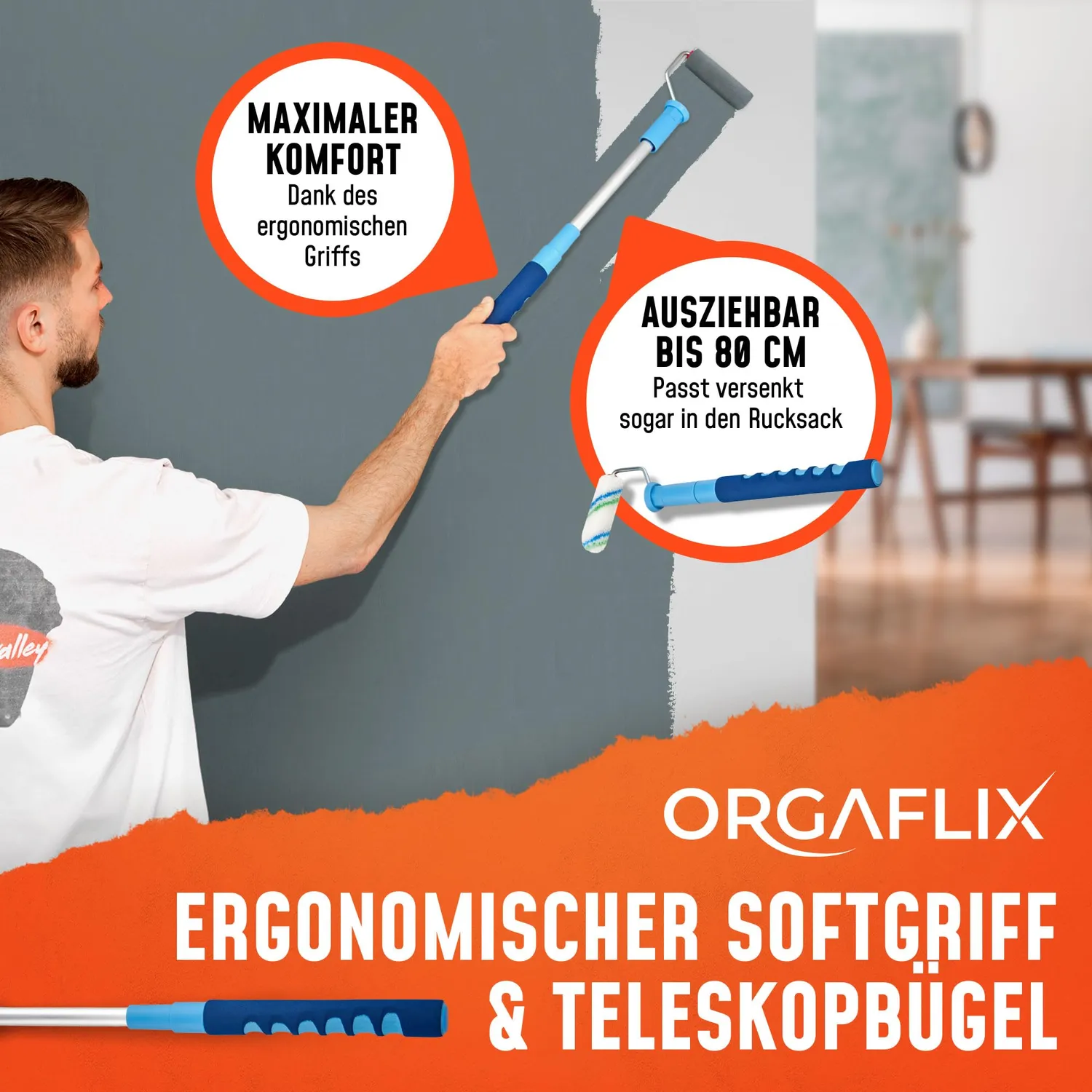 ORGAFLIX Profi Farbroller Set 10 cm Teleskop 40-80 cm
